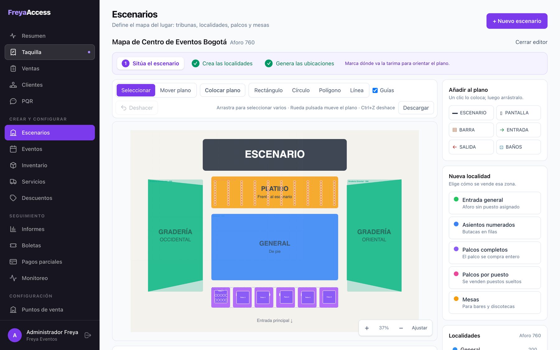 Editor de escenarios con el plano de un recinto y sus localidades