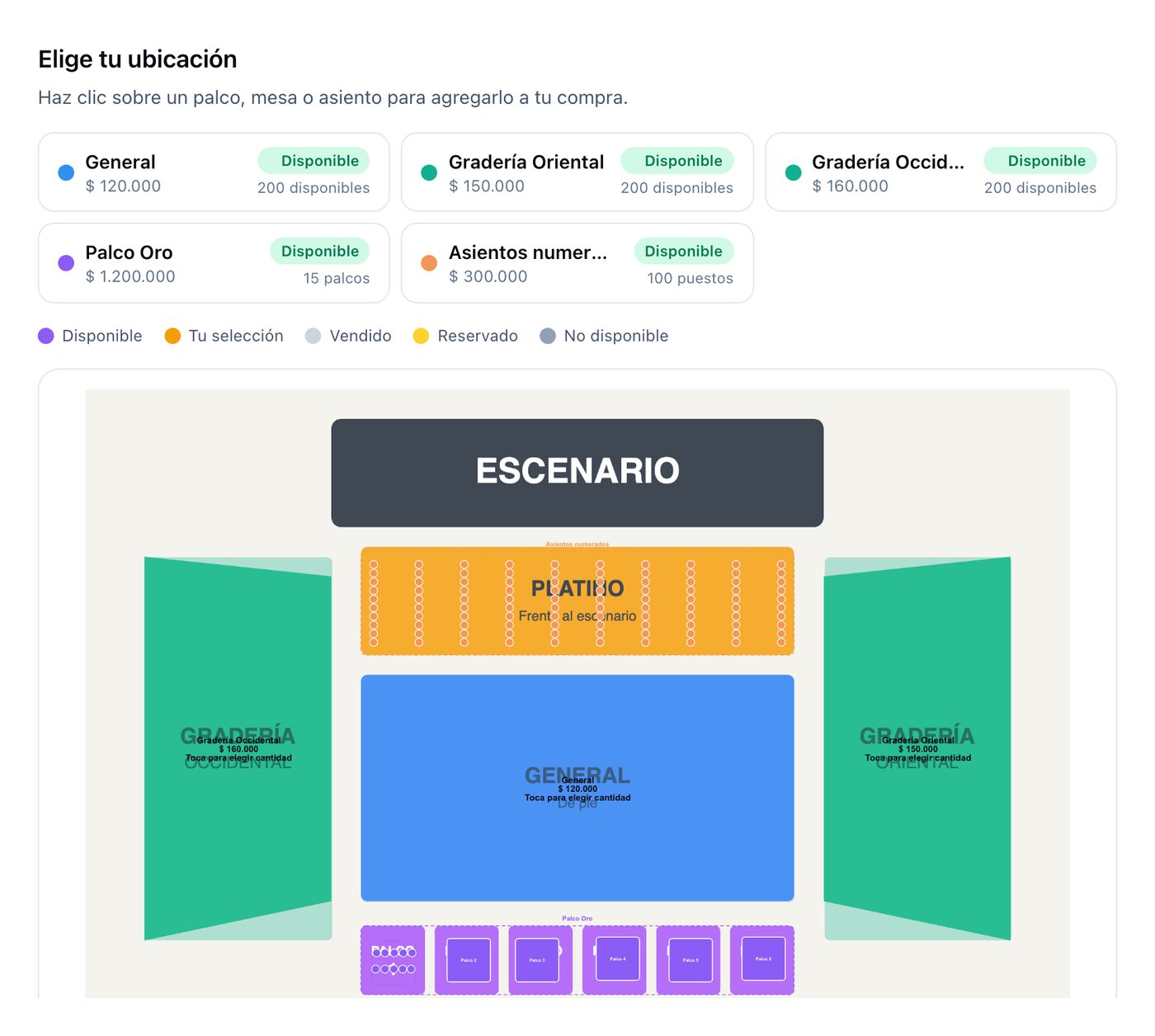 Mapa de ubicaciones en la tienda, con localidades, precios y disponibilidad